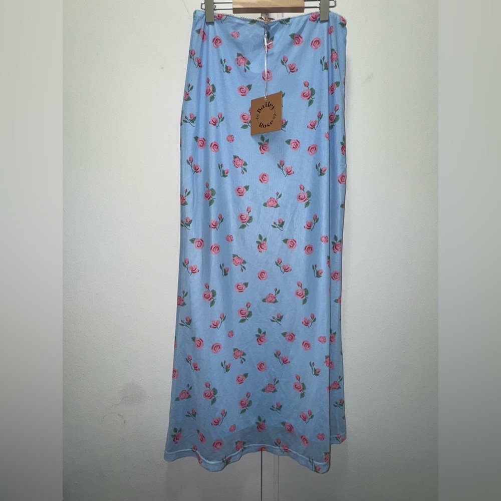 NWT Bailey Rose Blue Maxi Skirt with Pink Rose Floral Print Small Anthropologie